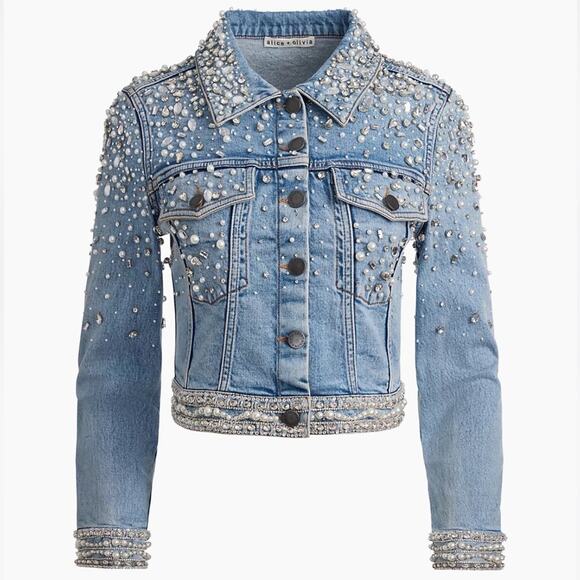 ALICE + OLIVIA Nelson Embellished Beaded Cropped Fitted Denim Jean Jacket Md NEW - Picture 7 of 15
